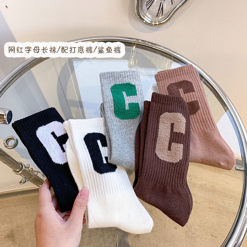 Vớ thể thao WAFNHA D360 vải cotton màu trơn in chữ C phong cách Hàn Quốc