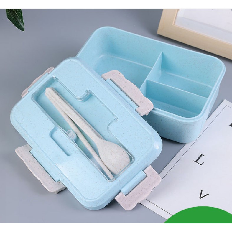 Hộp cơm văn phòng 3 ngăn kèm đũa thìa lúa mạch an toàn tiện lợi (có thể sử dụng với lò vi sóng)