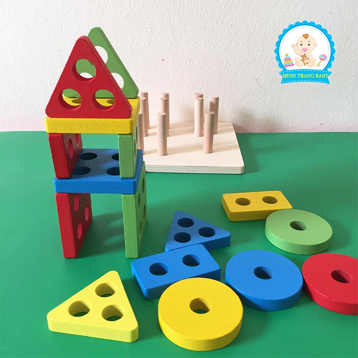 Đồ Chơi Montessori Bảng Chuỗi Thả Hình Bằng Gỗ Giúp Bé Học Phân Biệt Màu Sắc Hình Khối