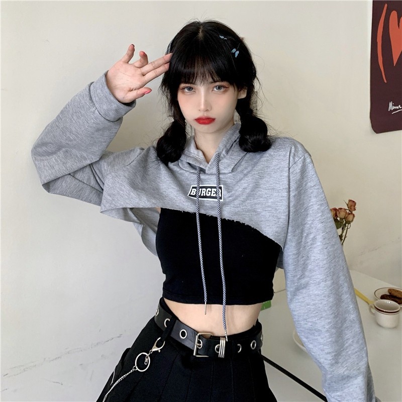 Set áo croptop Maoshop ôm body tay dài phong cách ulzzang Hàn Quốc, Áo hoodie croptop 2 món cá tính - C65