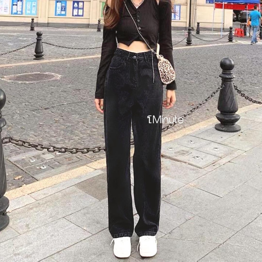 Quần jean nữ ống rộng lưng cao basic  - Quần jean baggy dáng suông rộng lưng cao - QJ012 1Minute Shop