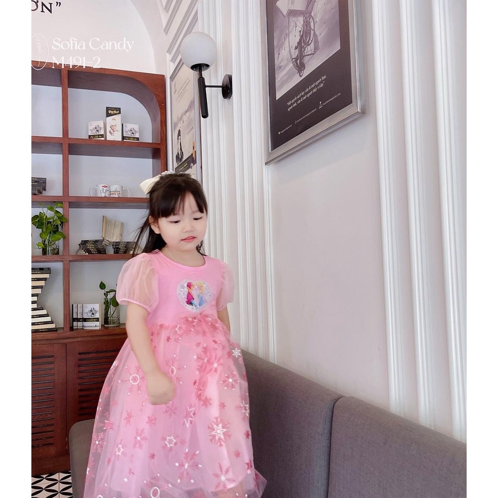 Váy công chúa esla, đầm elsa thiết kế 3 lớp tay bồng thun cotton xược phối voan 2 màu hồng xanh