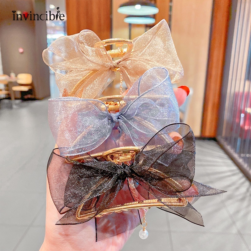 Kẹp tóc vải lưới thắt nơ đính ngọc trai giả màu sắc thanh lịch cho nữ