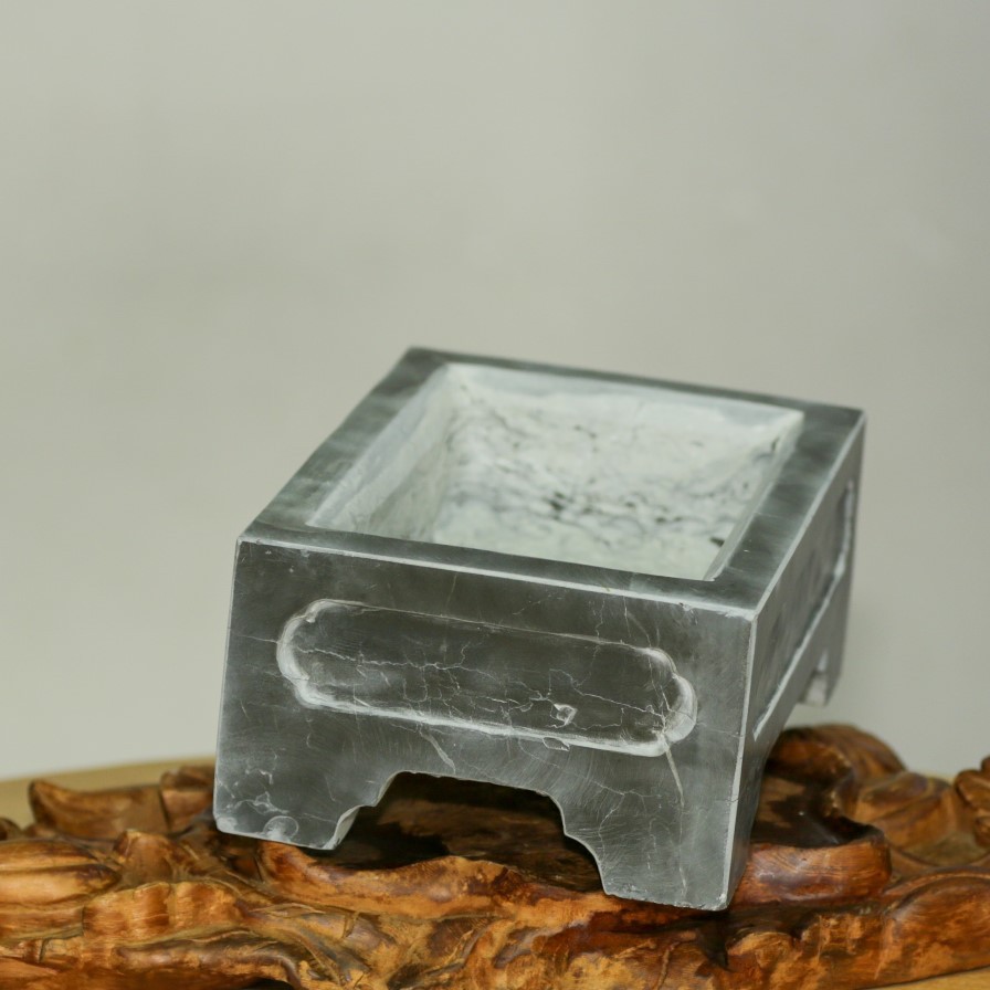 Chậu trồng bonsai mini đá xanh đen nguyên khối đục khuôn tranh bằng tay 4 mặt, KT: 30x20x12