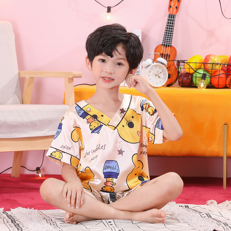 Trai Gái Bộ Đồ Ngủ Pijama Ngắn Tay Vải Lụa Phong Cách Hàn Quốc Cho Bé