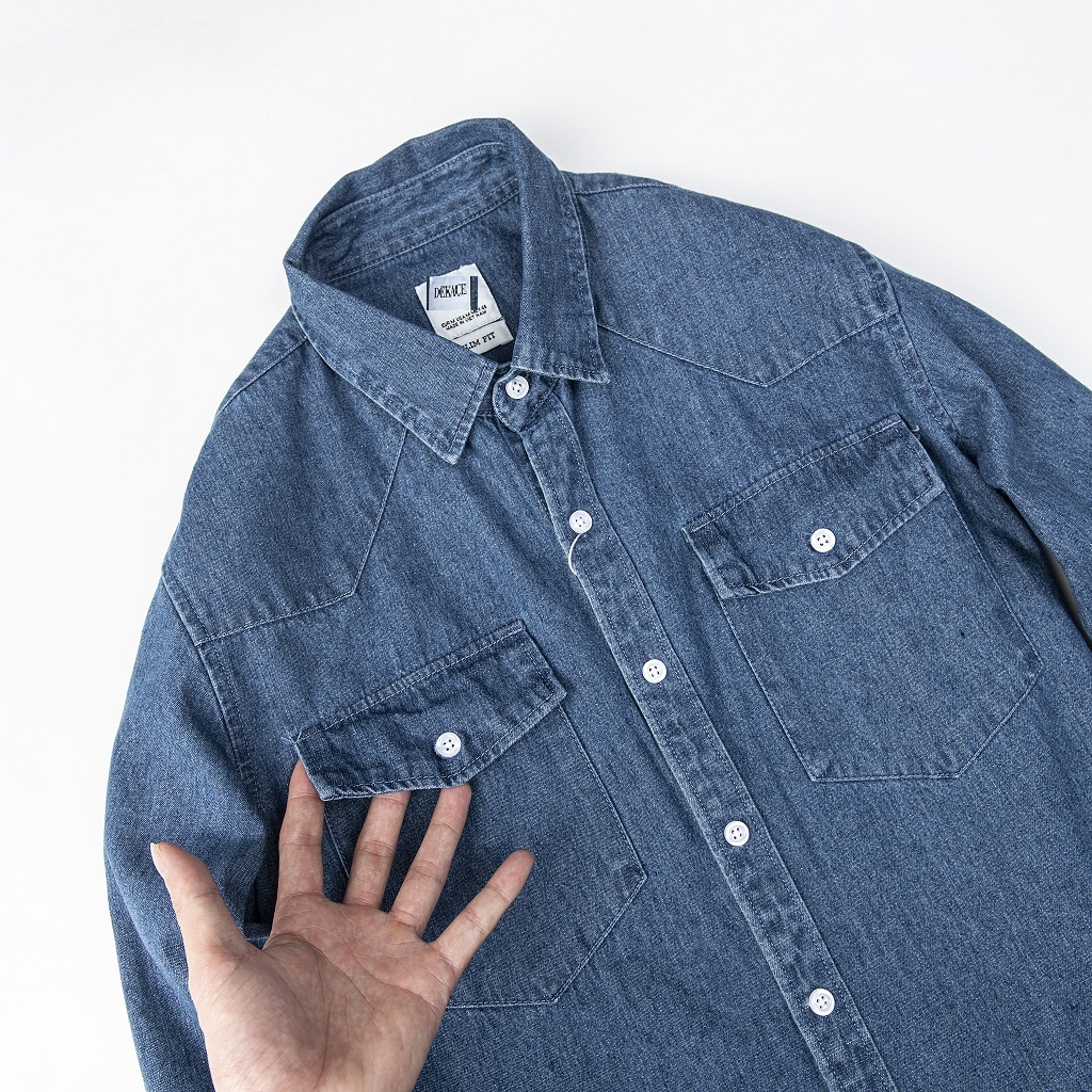 Áo Sơ Mi Denim Nam Túi Hộp Vải Dày Mịn Co Giãn