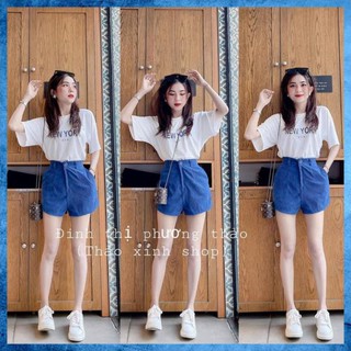 [Cao Cấp] Set Áo Thun Nữ Newyork Mix quần Sooc Bò Cạp Cao, Áo Phông Cotton Đẹp Quần Short Bò Cạp Chun Cá Tính