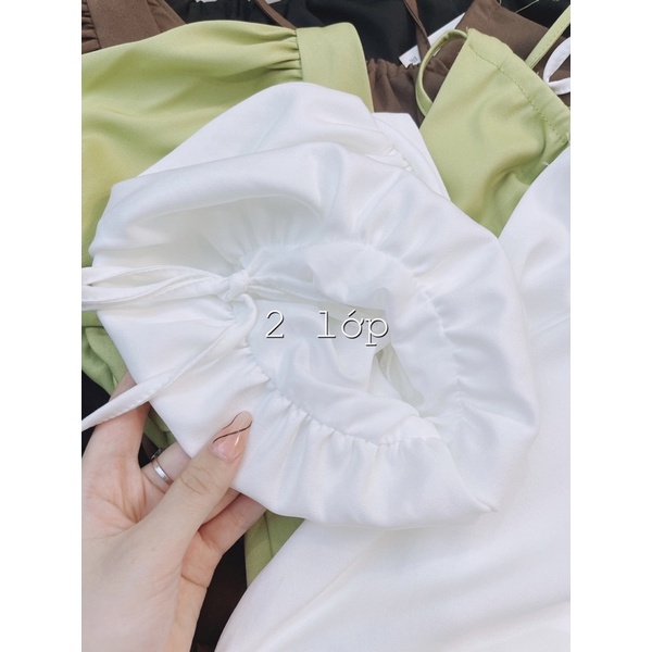 Váy midi cổ yếm tay bồng dáng dài xoè