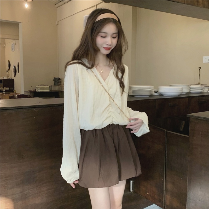 Set Áo Sơ Mi Tay Dài/Quần Short Lưng Cao Co Giãn Tốt Cổ Chữ V Xếp Ly 49437