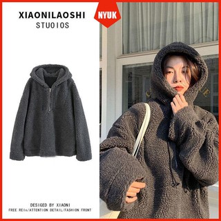 Áo Hoodie Lông Cừu Phối Nhung Dày Dáng Rộng Dễ Thương Xinh Xắn Cho Nữ