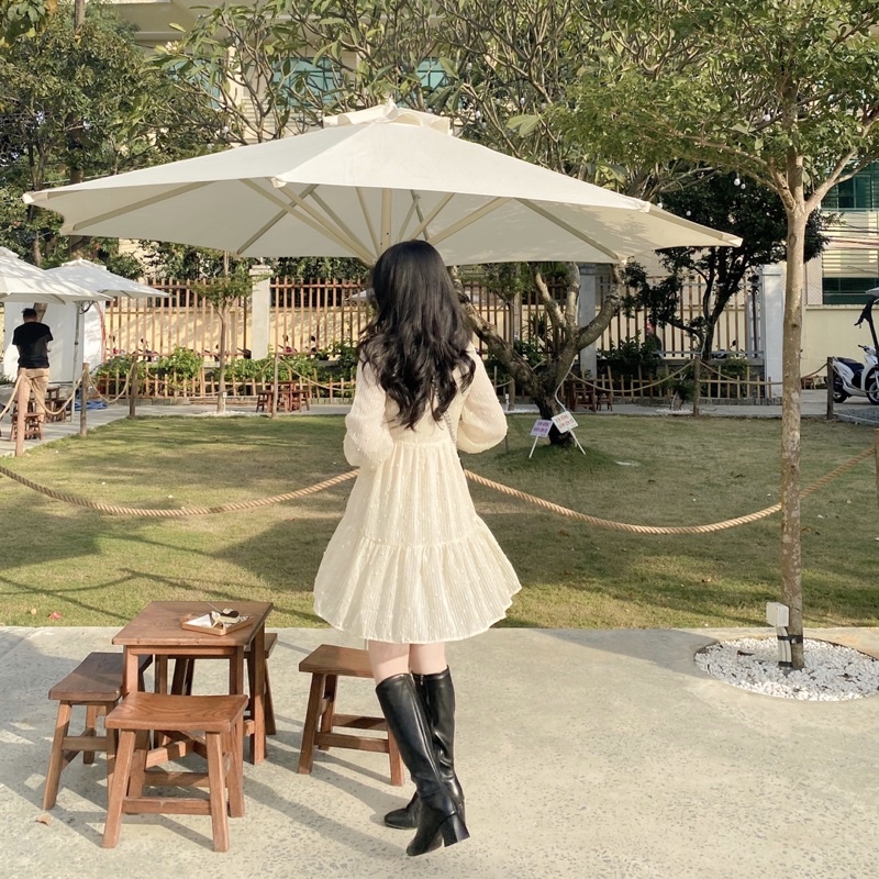 Đầm váy nữ dài tay babydoll thắt nơ ren phong cách mùa xuân 2022 Kozoda D31