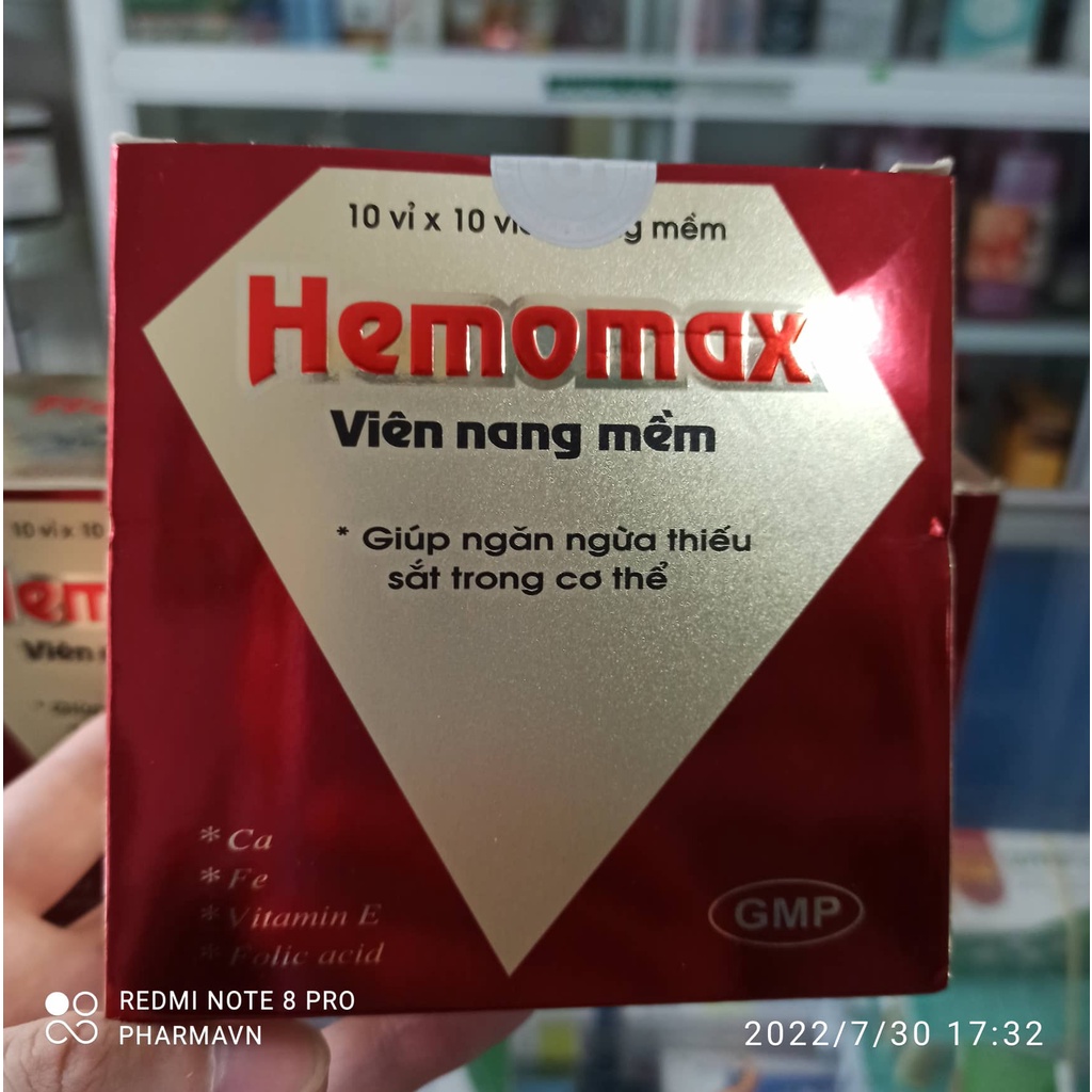 Hemomax ( hộp 100viên )-viên uống bổ sung sắt,calci,acid folic và vitamin e