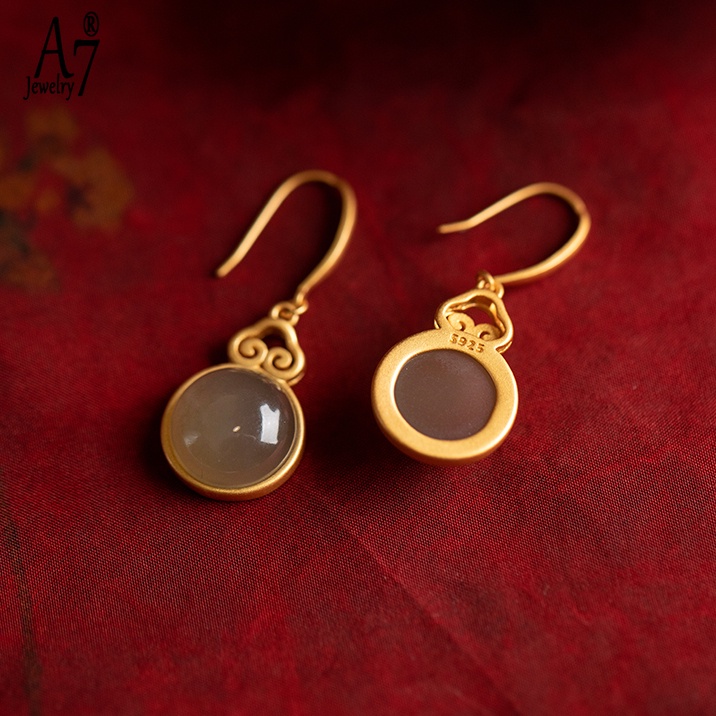 Bông Tai Bạc A7 Đính Ngọc Bích Phong Cách Trung Hoa Cổ Điển