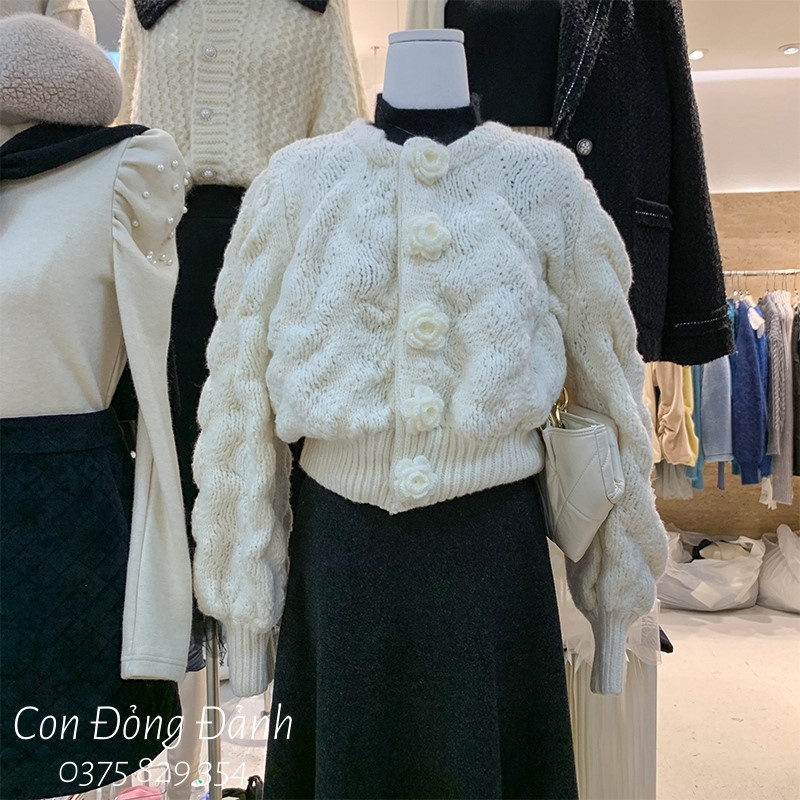 [ORDER] Áo len cúc hoa cổ tròn tay bồng nhẹ xinh Hàn Quốc móc thủ công sợi thưa Quảng Châu AO020 | BigBuy360 - bigbuy360.vn