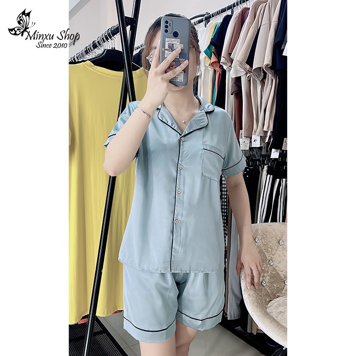 Bộ ngủ pijama trơn, bộ lụa quần đùi áo ngắn tay thiết kế viền trẻ trung lịch sự Minxu Shop PT01