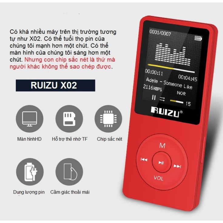 Máy nghe nhạc chất lượng cao Ruizu X02, nhiều màu sắc cá tính (8GB tặng tai nghe hifi )