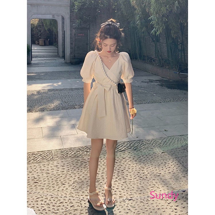 Đầm Tay Phồng Cổ Chữ V Phối Nơ Thời Trang Mùa Hè