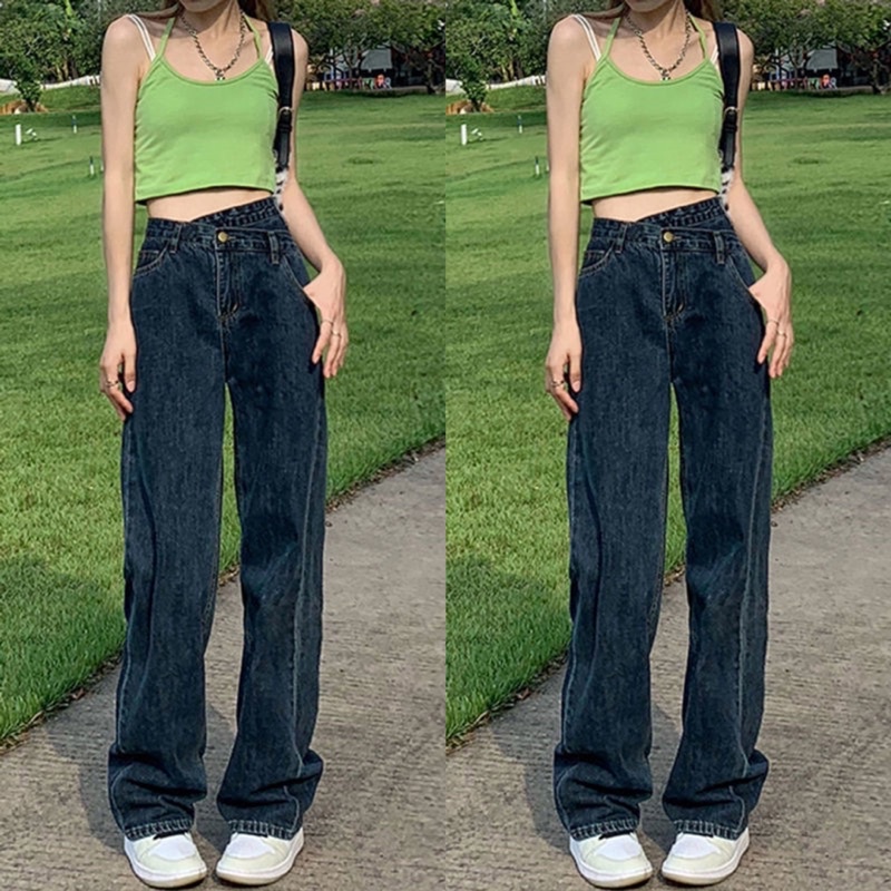 Quần jean nữ M7,quần jean nữ ống rộng ống đứng cạp chéo xanh đậm tôn dáng phong cách Hàn Quốc