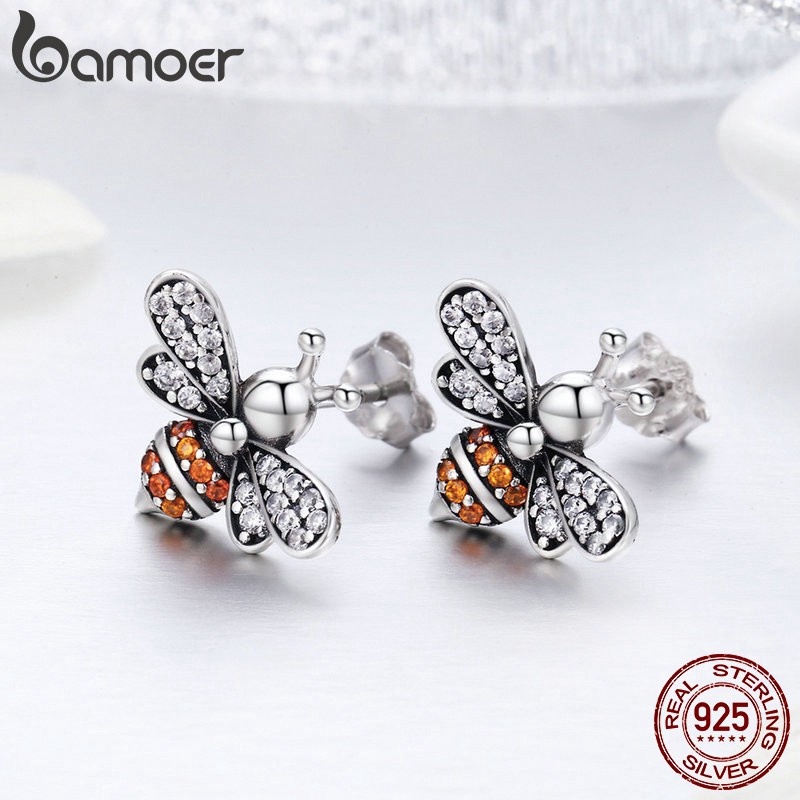 Khuyên Tai Bamoer Hình Chú Ong Đính Đá Zircon Thời Trang Sang Trọng Độc Đáo