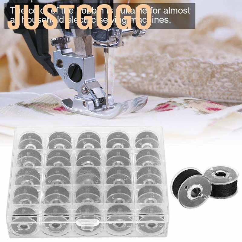 Justgogo 25Pcs Black Embroidery Bobbin Thread Sewing Machine Bobbins Threads with Case