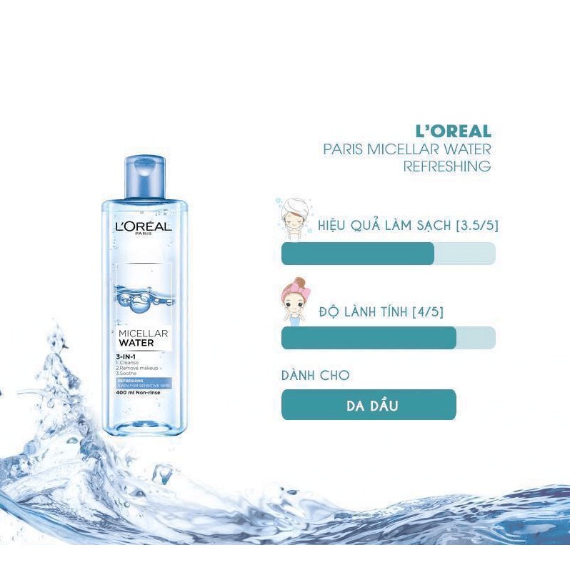 [TƯƠI MÁT] Nước Tẩy Trang Cho Da Dầu & Da Hỗn Hợp L’Oreal Micellar Water 3-in-1 Refreshing (400ml) | BigBuy360 - bigbuy360.vn