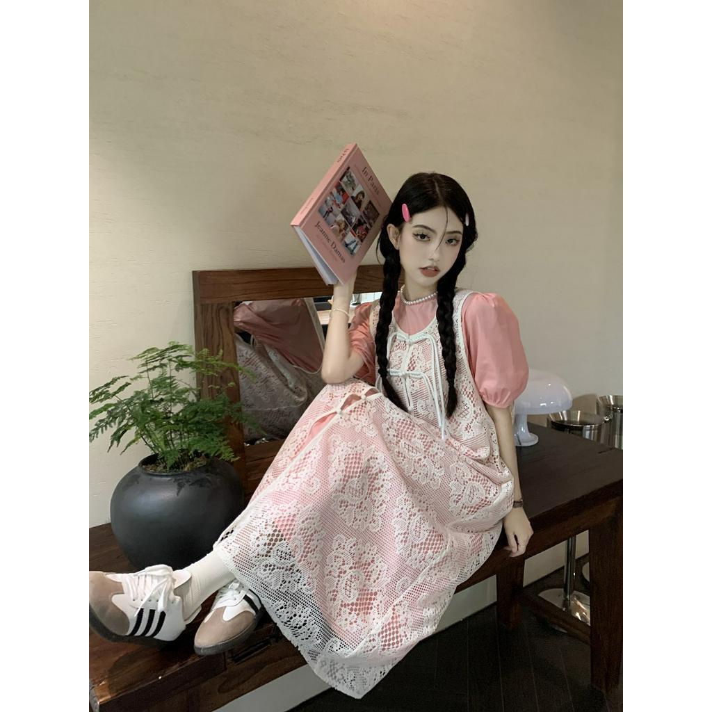 63363 Đầm Sơ Mi Tay Phồng Phong Cách Mới Với Áo Vest Ren Móc