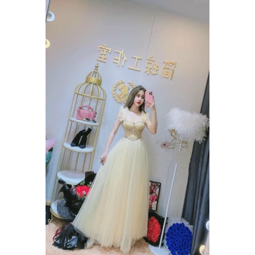 Đầm váy dạ hội form maxi dún tay cánh tiên kết hạt thủ công