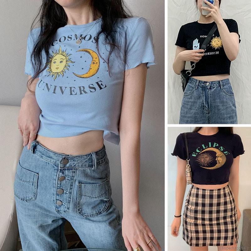 Áo Croptop Ngắn Tay In Hình Mặt Trăng / Mặt Trời Kiểu Hàn Quốc Xinh Xắn Cho Nữ