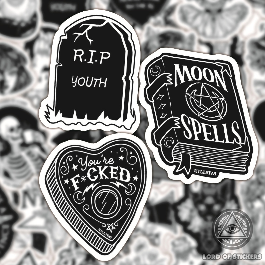 Set 100 Sticker Đen Trắng Graffiti Gothic Hình Dán Chống Thấm Nước Trang Trí Mũ Bảo Hiểm, Laptop, Điện Thoại, Đàn Guitar