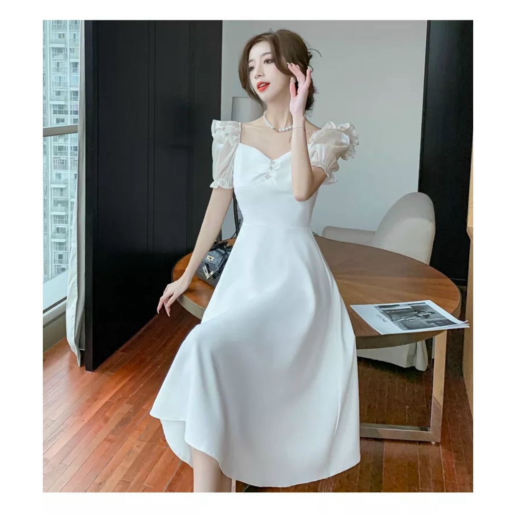 Đầm váy nữ xòe tay nhún bèo phối voan kiếng 3 màu y hình thời trang duyên dáng dịu dàng