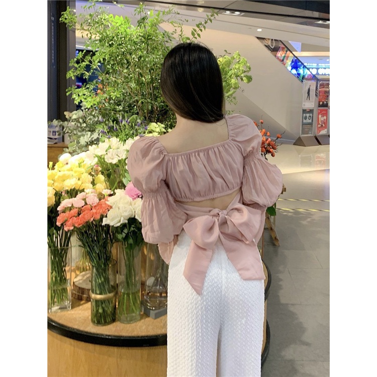 Áo tơ tay phồng rúm ngực thiết kế thắt nơ lưng sang chảnh, điệu đà