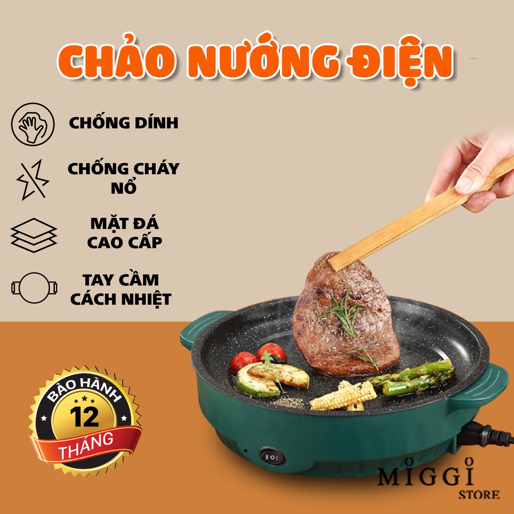 Chảo nướng điện đa năng Shanban 26cm - 2 Nấc nhiệt - Chống dính vân đá - Bếp Nướng Điện Chống Dính