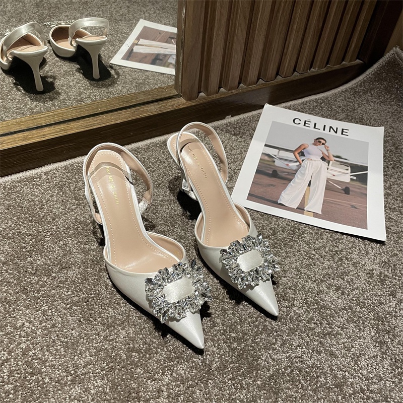 Giày cao gót nữ mũi nhọn đính đá 7 phân lấp lánh Womenstyle, giày hậu cao gót chất liệu da quai sau co dãn chuẩn size