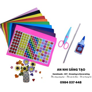 Set giấy thủ công: 10 giấy màu + hoa giấy cắt sẵn + Sticker dán + Kéo viền + Keo (An Nhi Sáng Tạo – 0984037448)