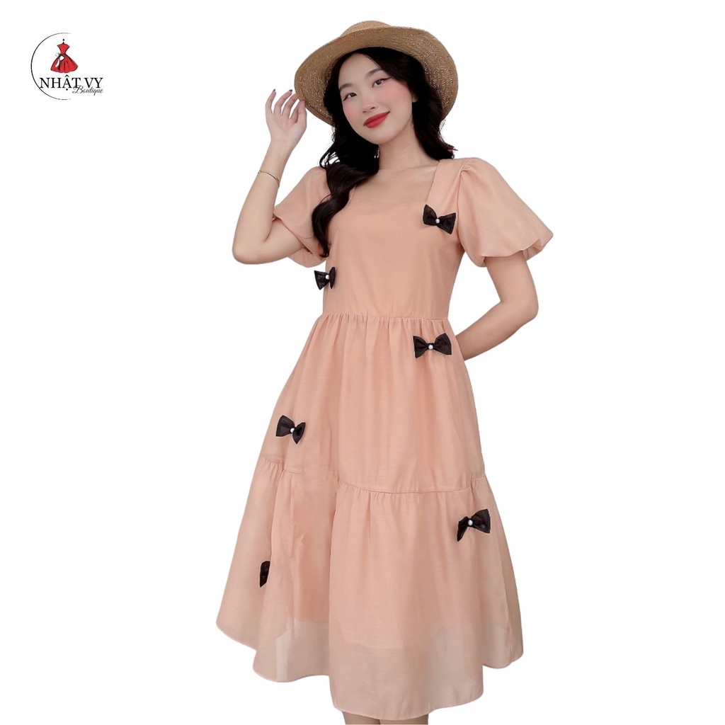 Đầm Nữ NHẬT VY Cổ Vuông Tay Bí Đính Nơ Chất Voan Giấy Đi Tiệc Dáng Ôm Xòe Màu Nude Đen - D2259