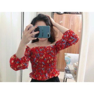 Áo hoa nhí bo chun eo và tay dáng croptop(ảnh chụp thật)