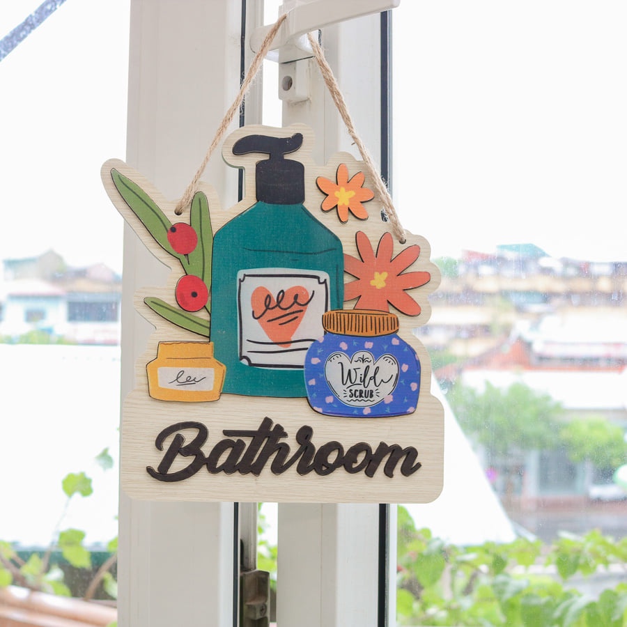 Bảng gỗ decor trang trí treo cửa nhà vệ sinh, toilet, nhà tắm