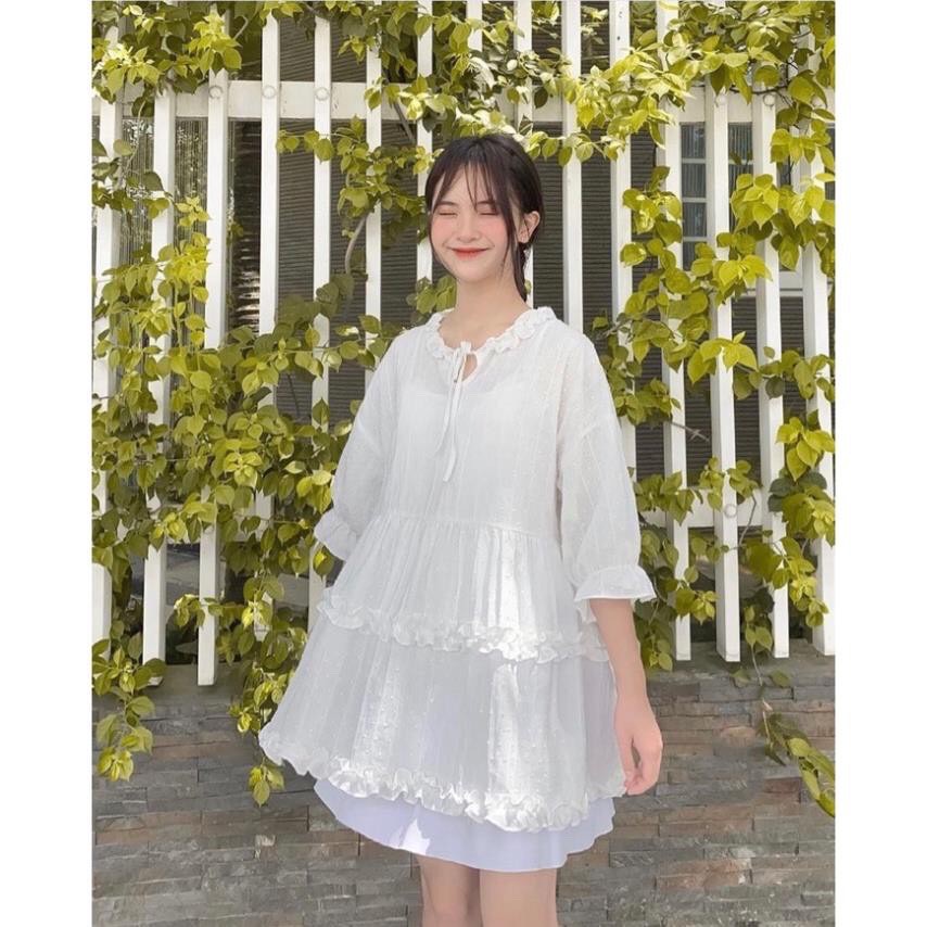 Set 2 món áo babydoll tầng tay bồng tiểu thư xinh xắn/ Set áo 2 dây mặc trong kèm áo babydoll mặc ngoài_xuongmaythuhien | BigBuy360 - bigbuy360.vn