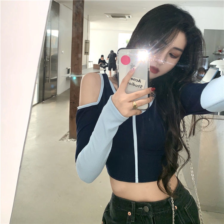 Áo thun COZOK tay dài trễ vai ôm dáng nhiều kiểu dáng phong cách retro