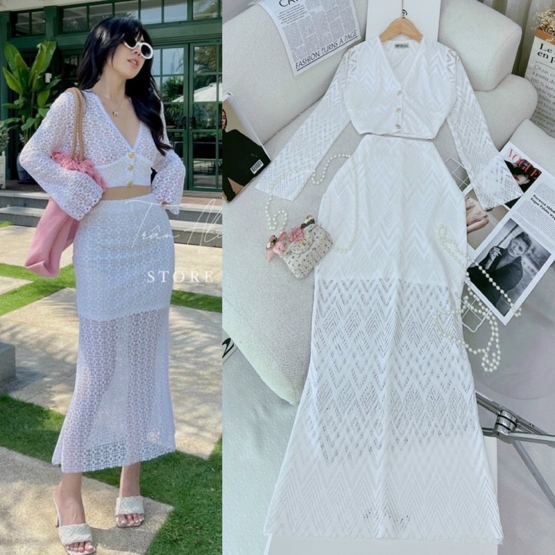 Set ren trắng áo tay dài cổ V + chân váy loe sang trọng quyến rũ, đầm dài đi chơi/biển du lịch kín đáo thời trang nữ hot