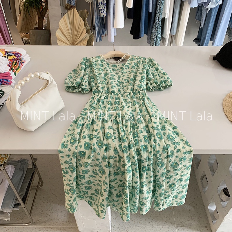 Váy Đầm BabyDoll Hoa Tay Bồng Nhún Eo Nữ - Hàng Quảng Châu