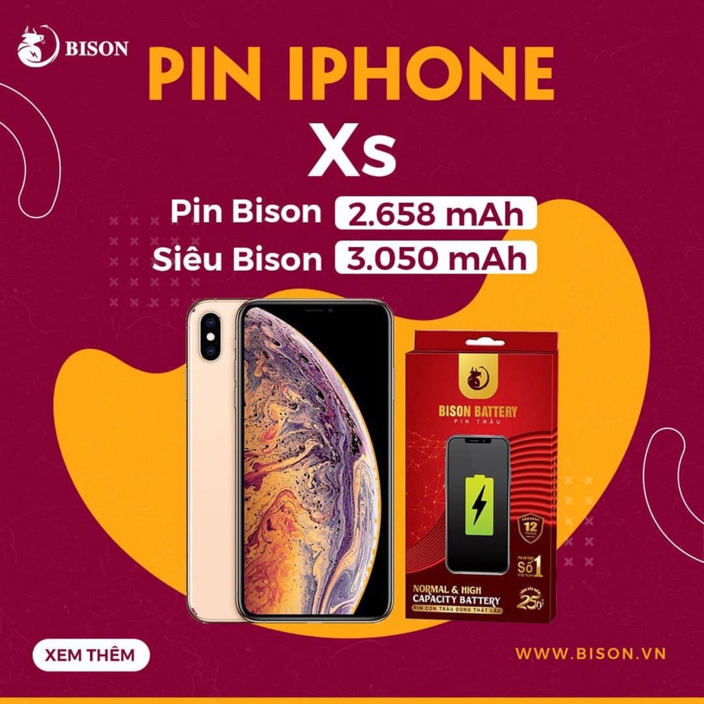 Pin Siêu Bison Dung Lượng Cao Cho iPhone - BH 12 tháng + Bảo hiểm cháy nổ 25tỷ (tặng kèm keo dán pin)