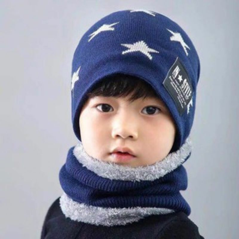 Set nón Len kèm khăn ống cho bé trai và gái 5-15 tuổi, có lót lông cực ấm cho bé