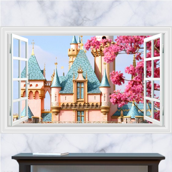 Decal trang trí khung cửa sổ 3D cảnh Lâu Đài cổ tích và hoa Đào