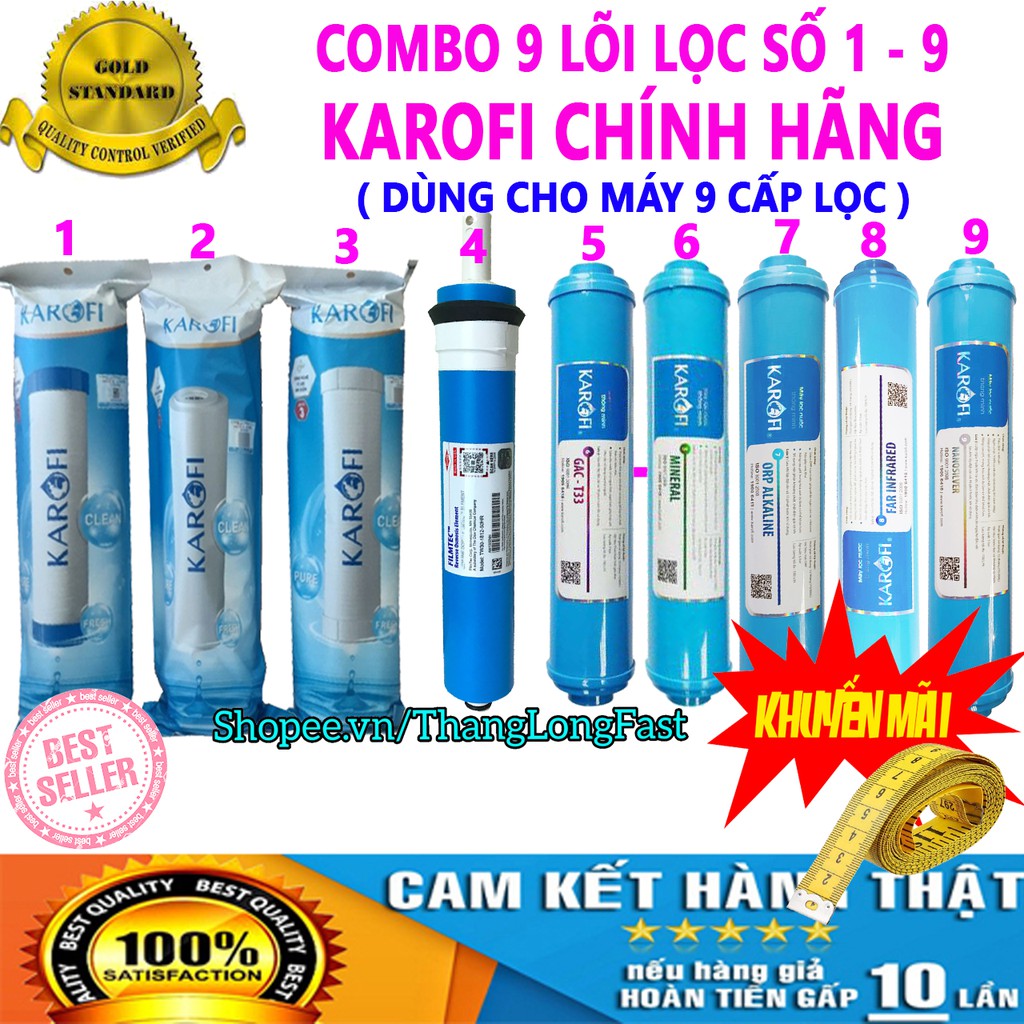COMBO 9 LÕI LỌC NƯỚC KAROFI CHÍNH HÃNG - GỒM BỘ LÕI 123, RO DOWDuPONT, T33, MIN, FAR, NANO, ORP