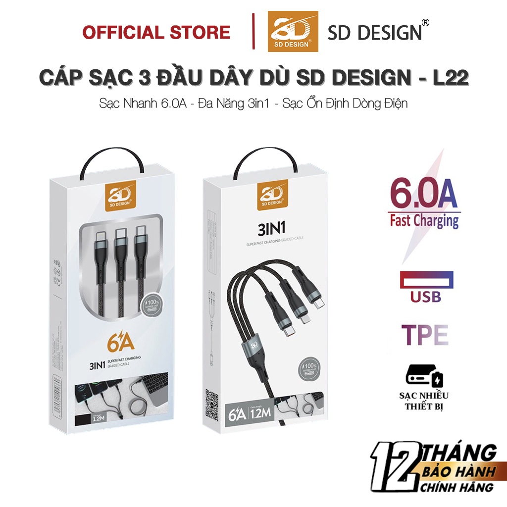Cáp Sạc Nhanh 3 Đầu L22 chính hãng SD Design dòng 6.0A 3in1 Dây Dù Sạc cho các thiết bị di động bảo hành 1 đổi 1