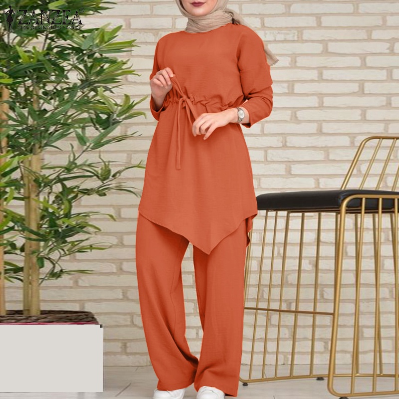Zanzea Set Đồ Hồi Giáo Gồm Áo Tay Dài Và Quần Dài Lưng Thun Có Túi Dành Cho Nữ