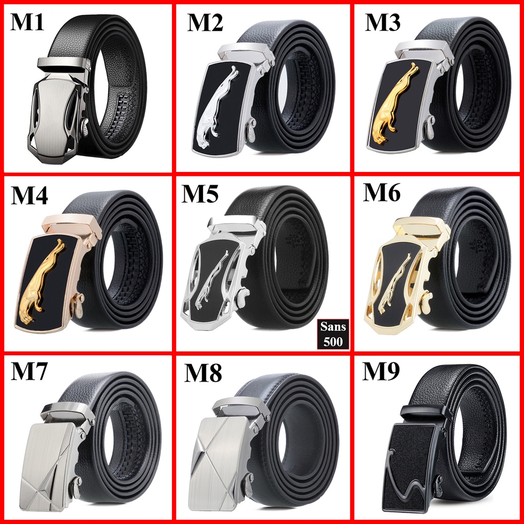Thắt lưng nam da cao cấp Sans500 dây nịt mặt khoá tự động xoay đính đá đen đẹp sang trọng lịch lãm thời trang full đen