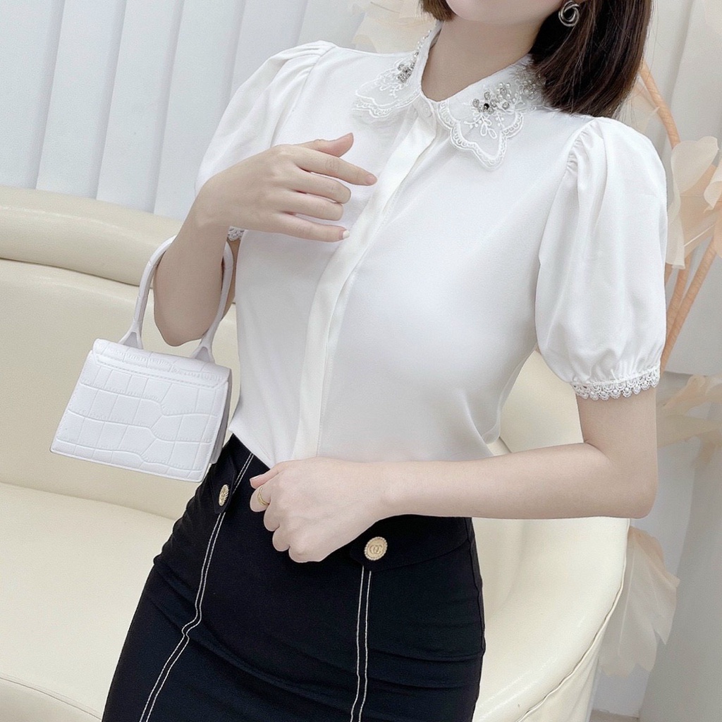 Áo Sơ Mi Cộc Tay Nữ Vải Lụa Hàn Quốc, Áo Công Sở Nữ Cộc Tay, Áo Sơ Mi Cộc Tay Cổ Ren