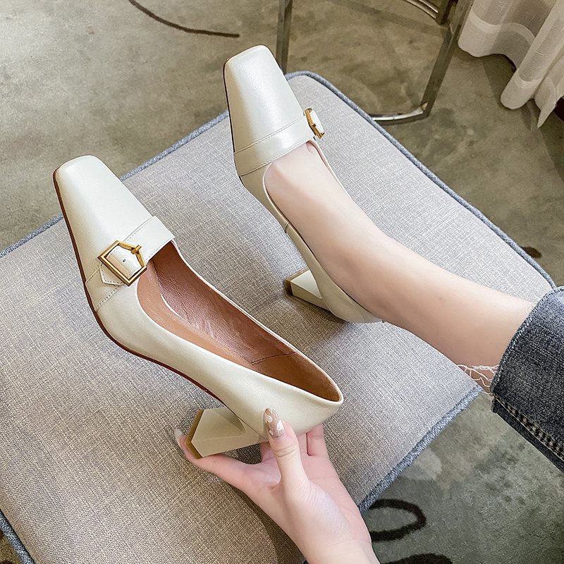 Giày cao gót Mary Jane mũi vuông loafer cao gót 7cm công sở vintage